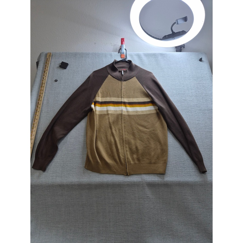 Mossimo Cardigan Sweater Mens Large Brown Tan Tight Knit Raglan Sleeve Full Zip